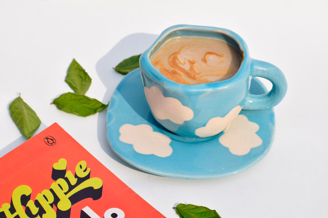 Happy Clouds - Pair of pink & blue mugs and saucers