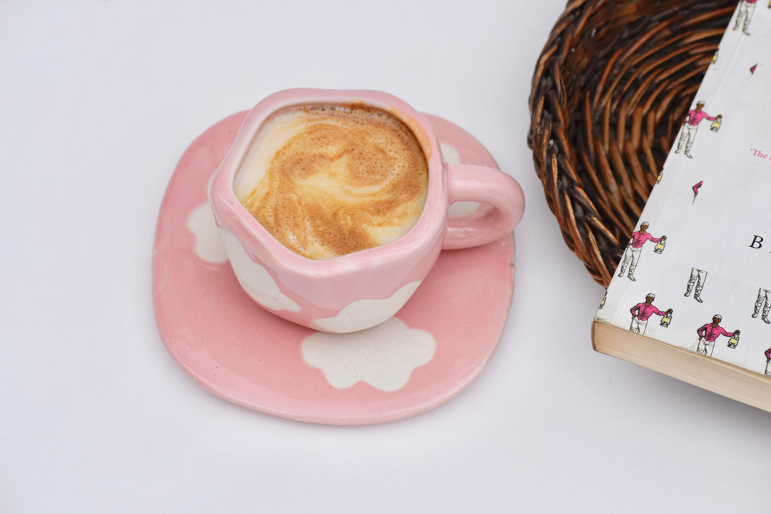 Happy Clouds - Pair of pink & blue mugs and saucers