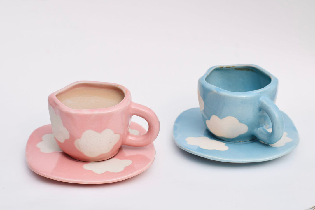 Happy Clouds - Pair of pink & blue mugs and saucers